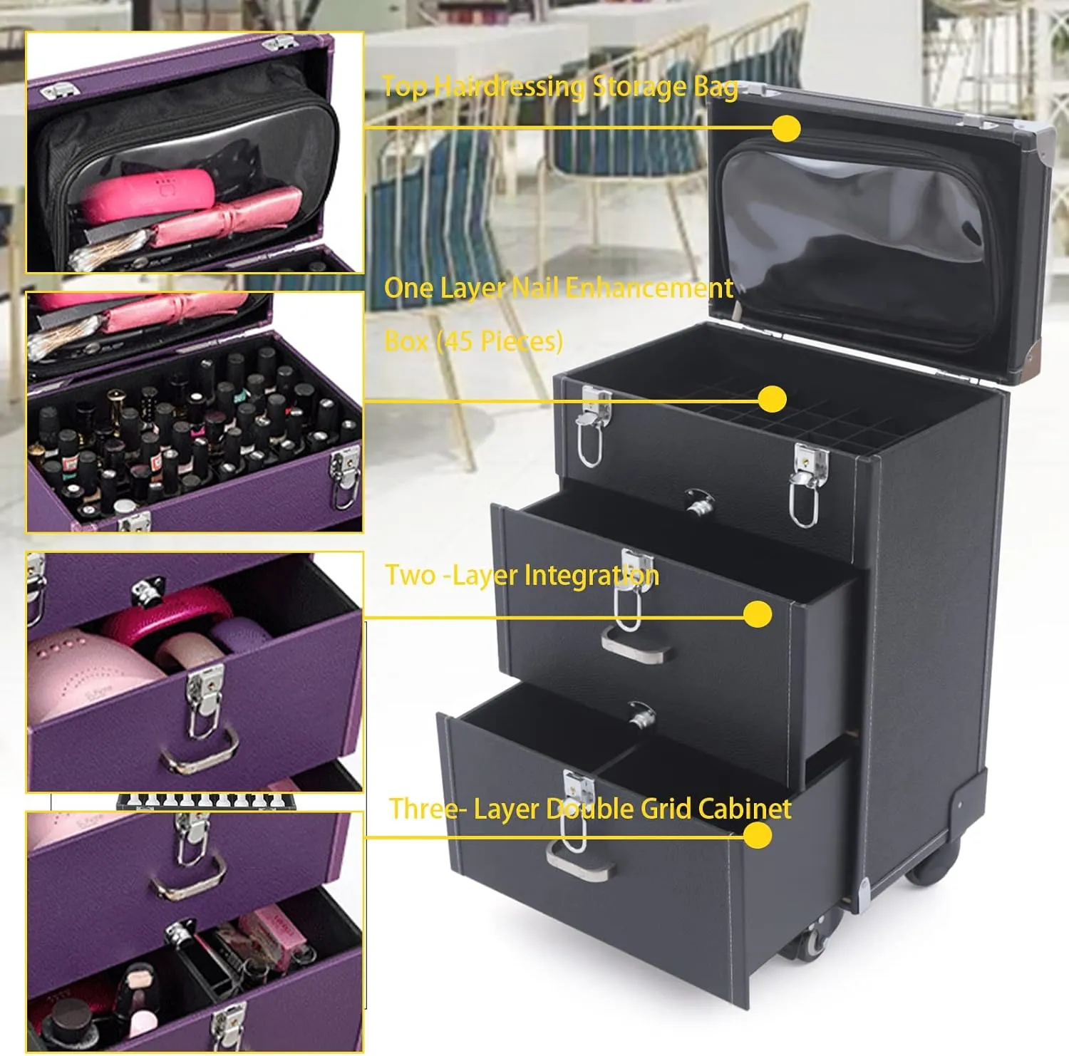 Makeup Train Case, Rolling Nail Case, Aluminum Rolling Makeup Case, Rolling Makeup Trolley Case, Manicure Storage Case Polish Organizer w/ 4 Wheels (Black)