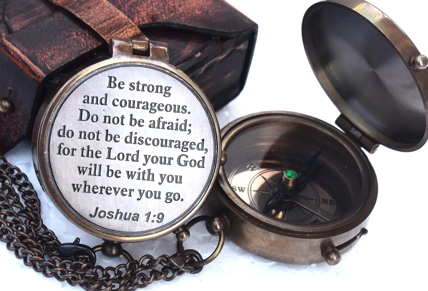 MARY NAUTICAL- Brass Compass Be Strong and Courageous.Joshua 1:9" Brass Engraved Compass-Pocket Compass with Leather Case-Baptism Gifts, Confirmation Gifts for Teenage Boys