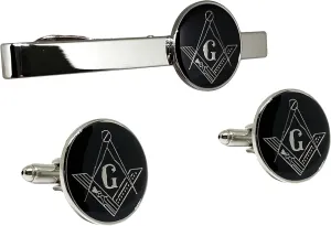 Masonic Freemason Square Compass Tie Clip Cufflinks TieBar Accessory Set