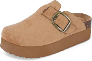 mazeskin Womens Memory Foam Platform Suede Clogs Comfortable Cork Footbed Adjustable Buckle Slippers Indoor Outdoor
