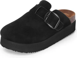 mazeskin Womens Memory Foam Platform Suede Clogs Comfortable Cork Footbed Adjustable Buckle Slippers Indoor Outdoor