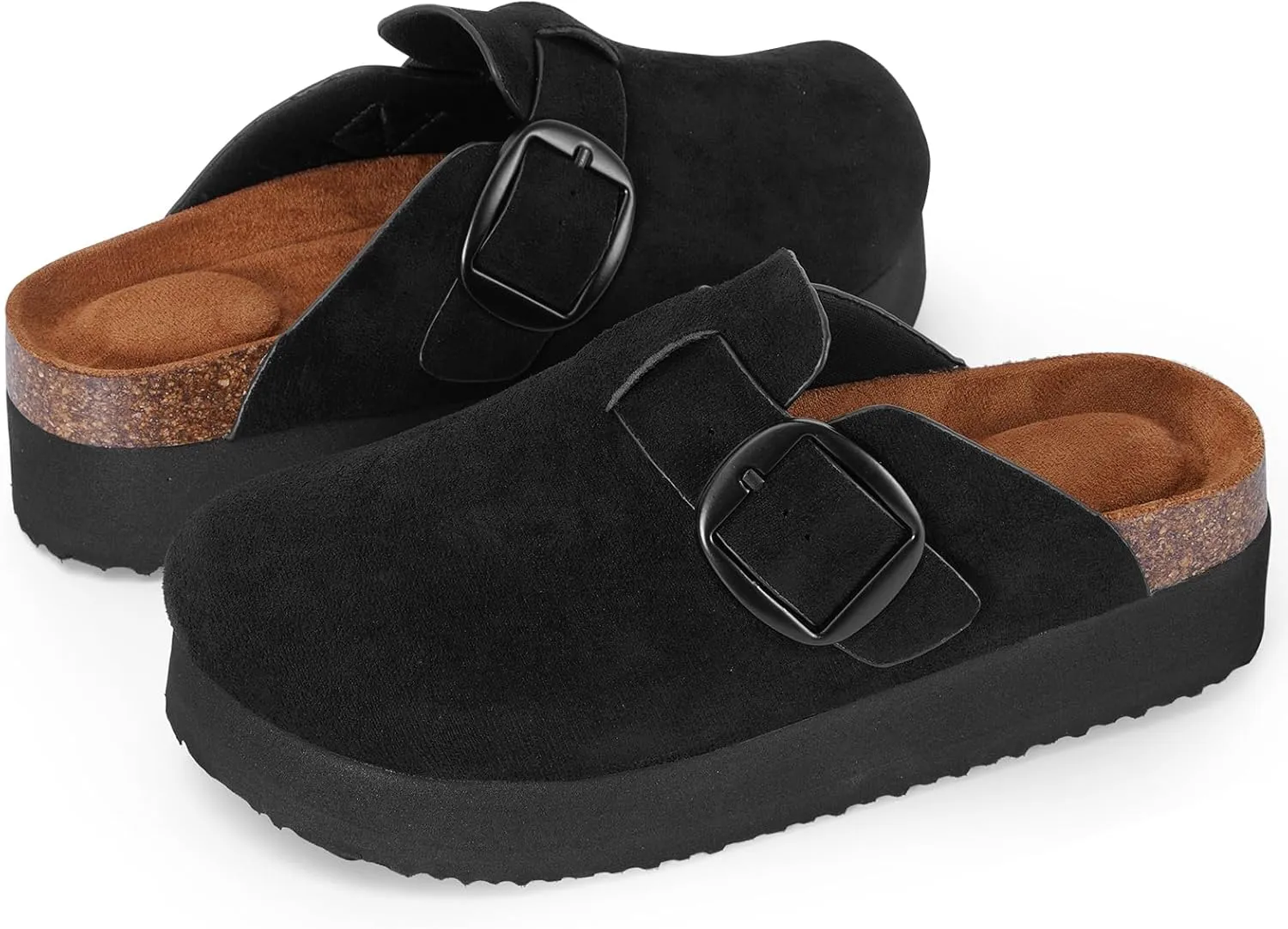 mazeskin Womens Memory Foam Platform Suede Clogs Comfortable Cork Footbed Adjustable Buckle Slippers Indoor Outdoor