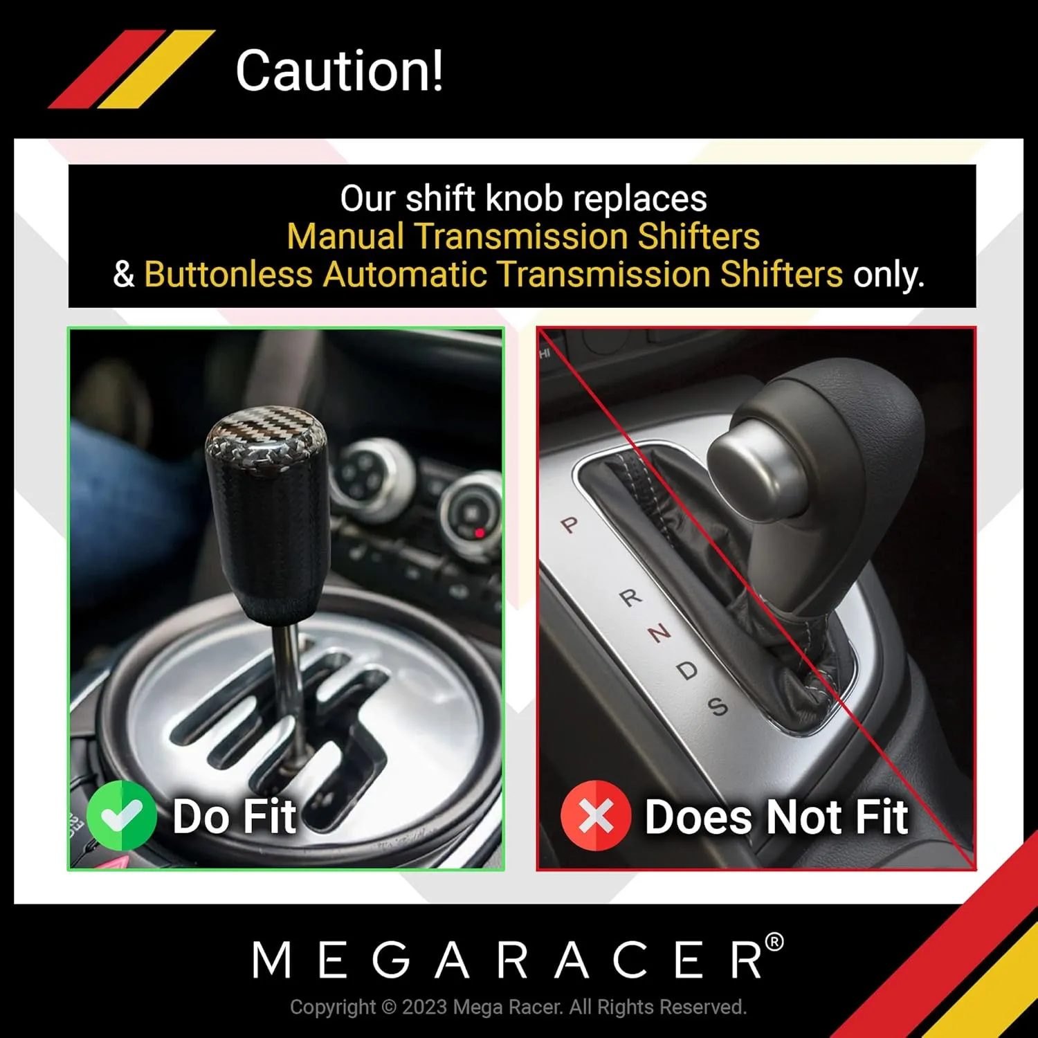 Mega Racer 7 cm Real Carbon Fiber Shift Knob - for Buttonless Automatic & 4, 5 and 6 Speed Manual Transmission Vehicles, 100% Carbon Fiber & Aluminum Alloy, Interior Automotive Replacement Parts, 1 Pc