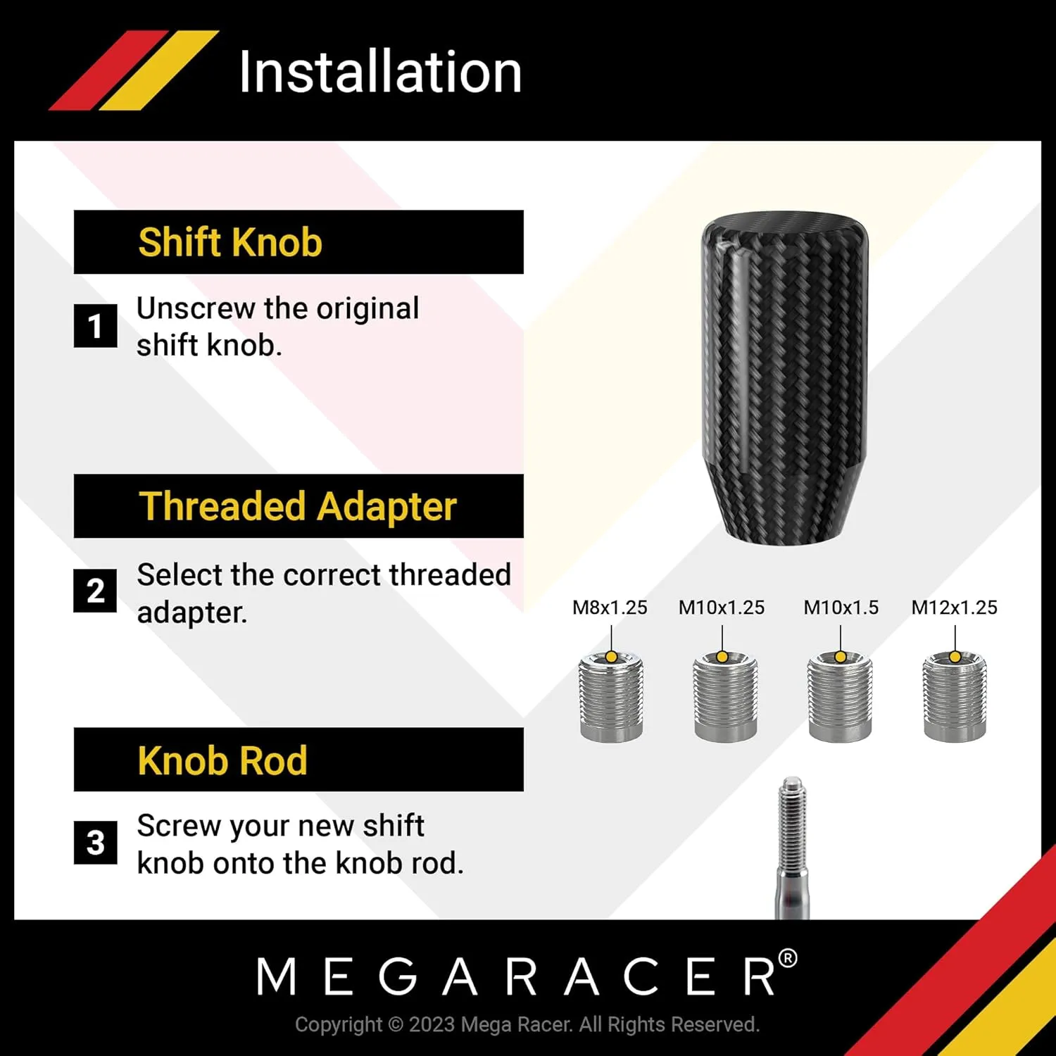 Mega Racer 7 cm Real Carbon Fiber Shift Knob - for Buttonless Automatic & 4, 5 and 6 Speed Manual Transmission Vehicles, 100% Carbon Fiber & Aluminum Alloy, Interior Automotive Replacement Parts, 1 Pc