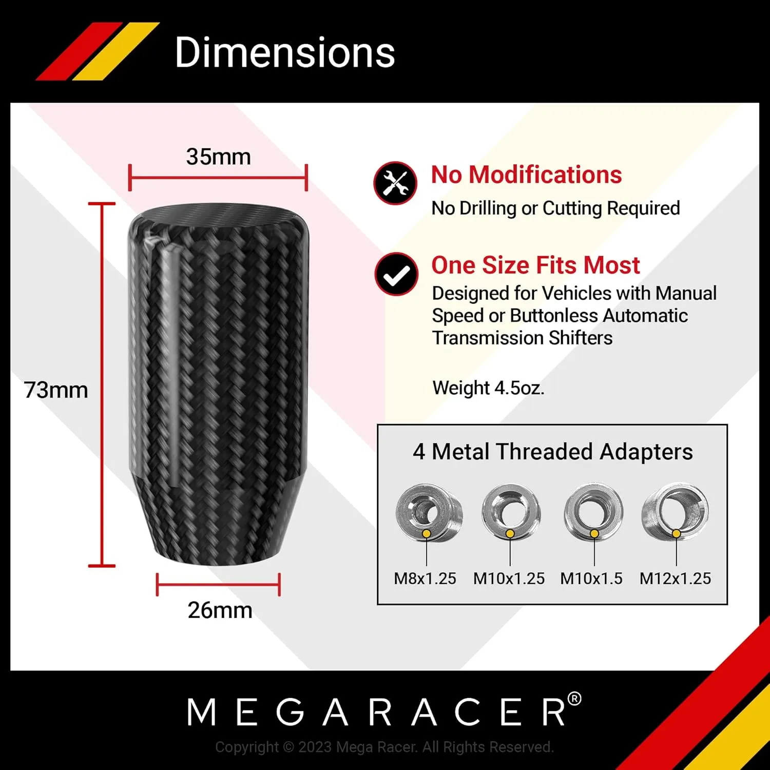 Mega Racer 7 cm Real Carbon Fiber Shift Knob - for Buttonless Automatic & 4, 5 and 6 Speed Manual Transmission Vehicles, 100% Carbon Fiber & Aluminum Alloy, Interior Automotive Replacement Parts, 1 Pc