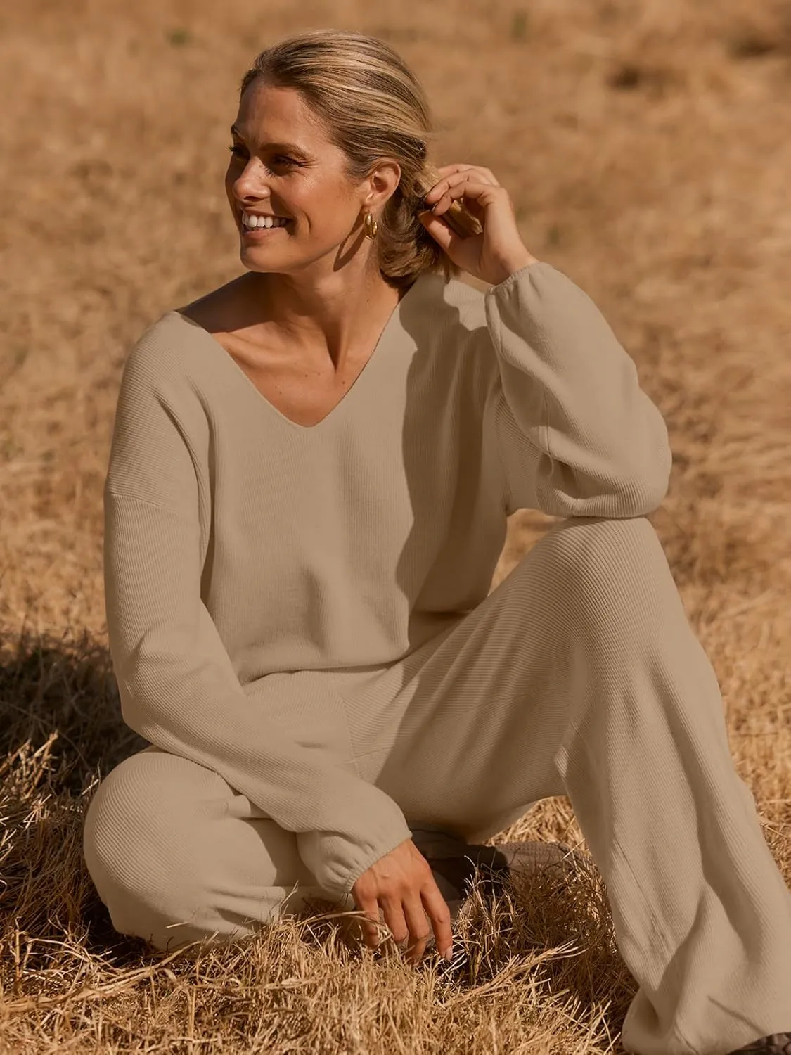 MEROKEETY Women's 2 Piece Outfits Long Sleeve V Neck Knit Pullover Tops and Wide Leg Pant Lounge Set