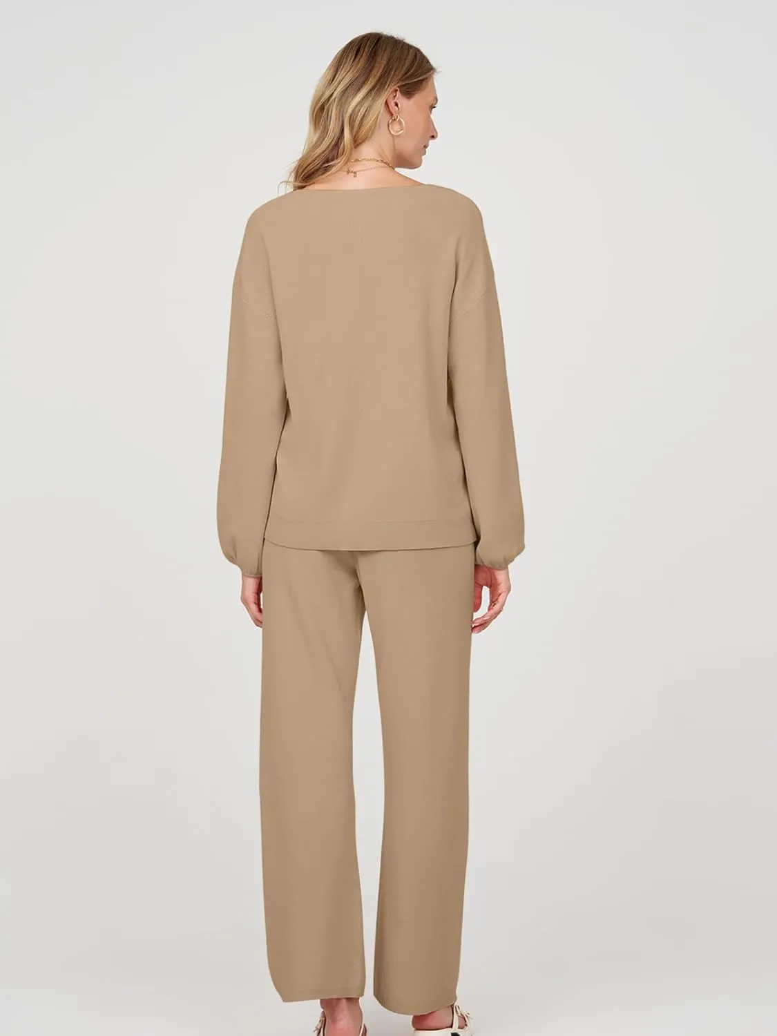 MEROKEETY Women's 2 Piece Outfits Long Sleeve V Neck Knit Pullover Tops and Wide Leg Pant Lounge Set