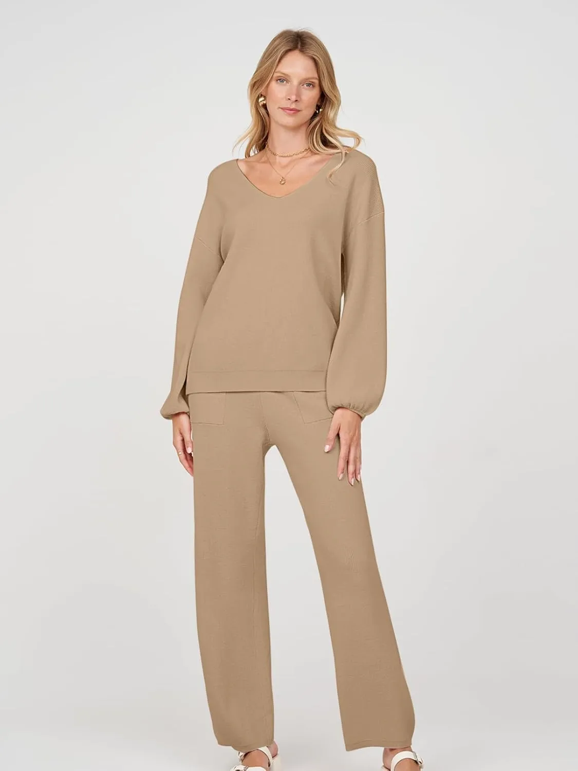 MEROKEETY Women's 2 Piece Outfits Long Sleeve V Neck Knit Pullover Tops and Wide Leg Pant Lounge Set