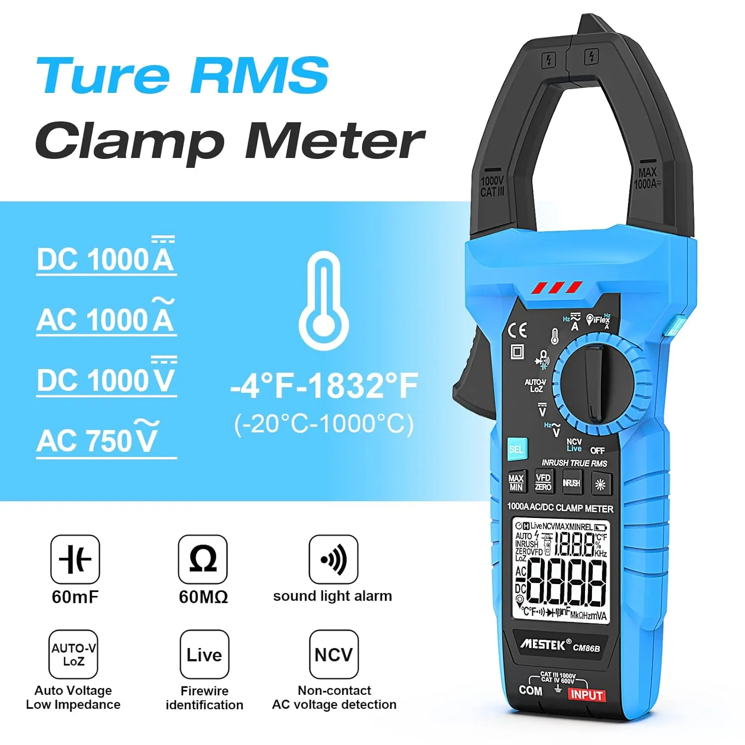 MESTEK Digital Inrush Clamp Meter Multimeter 1000A TRMS 6000 Counts Amp Voltage Tester with NCV VFD LOZ Mode, Auto-Ranging Voltmeter Measures AC/DC Current Voltage Temperature Resistance Capacitance