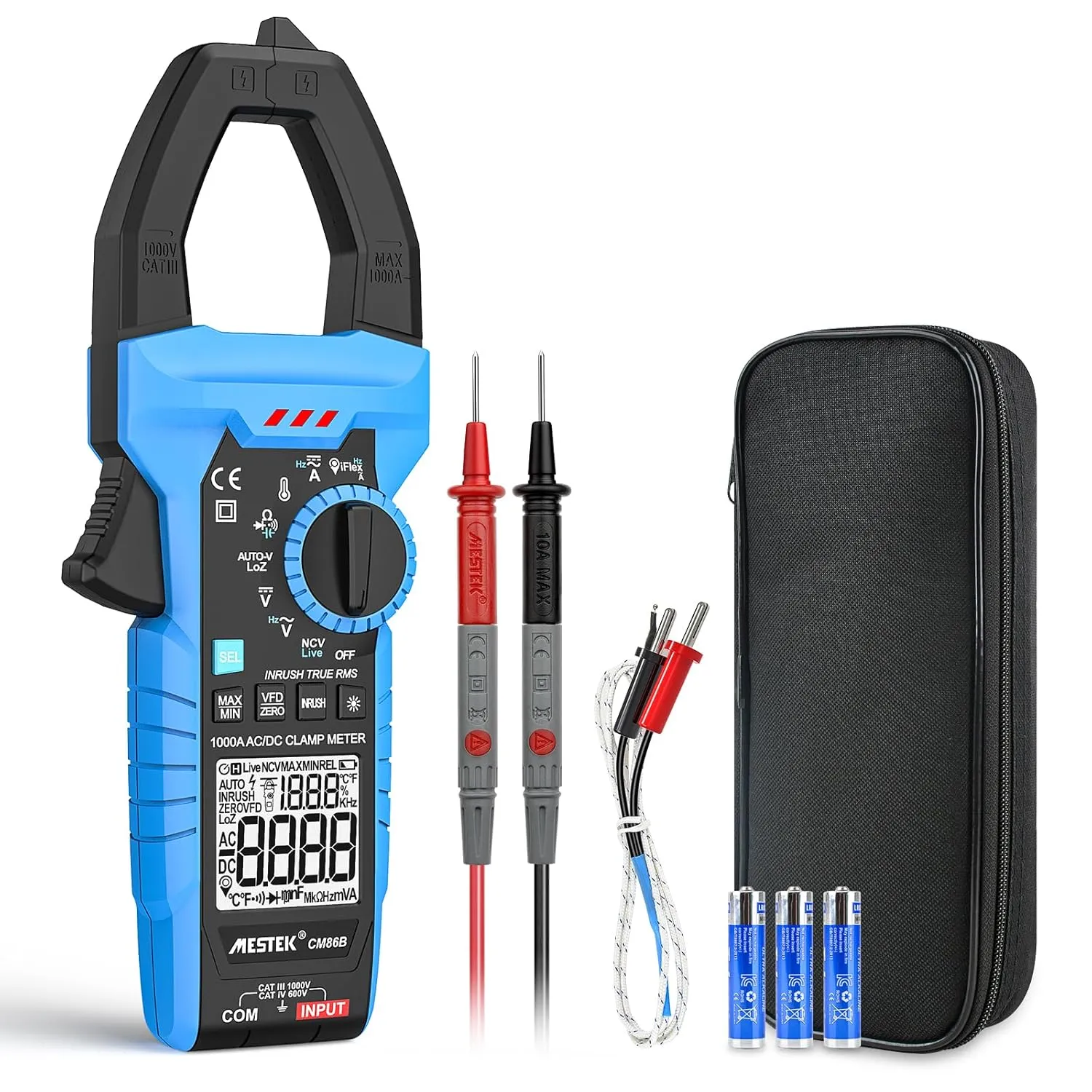 MESTEK Digital Inrush Clamp Meter Multimeter 1000A TRMS 6000 Counts Amp Voltage Tester with NCV VFD LOZ Mode, Auto-Ranging Voltmeter Measures AC/DC Current Voltage Temperature Resistance Capacitance