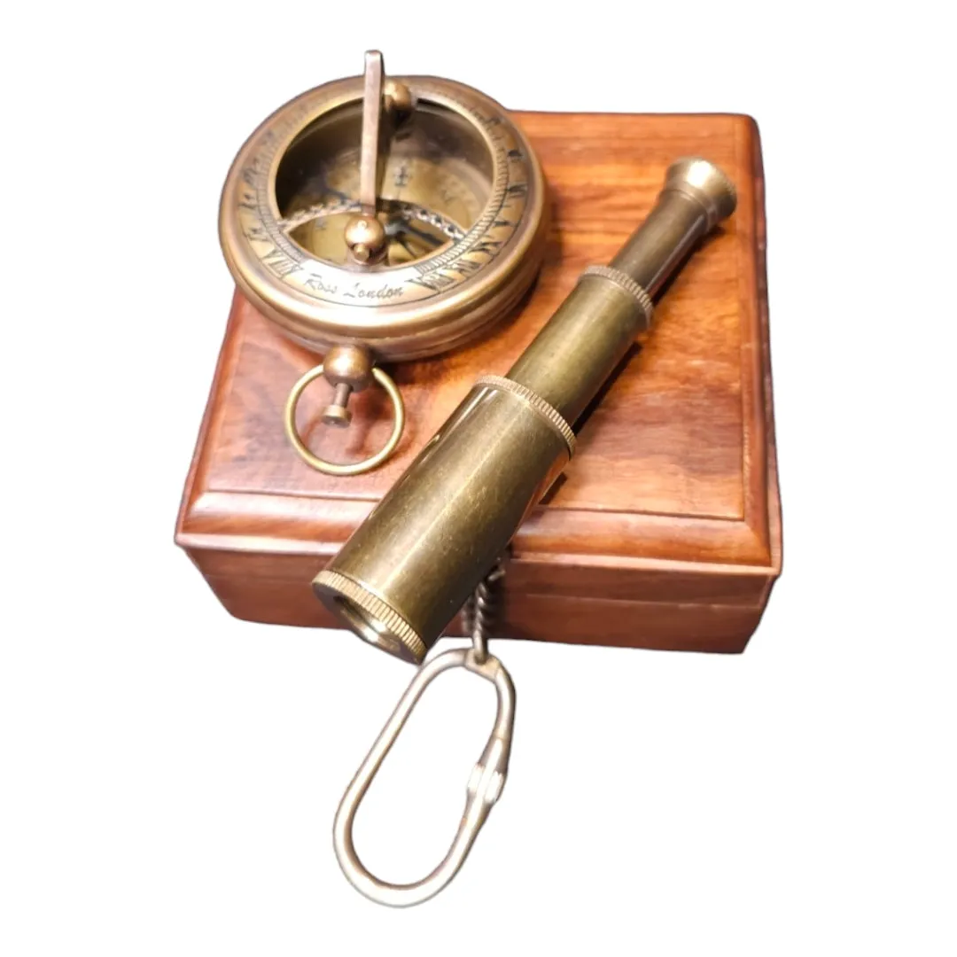 Mini Sundial Compass and Telescope Keyring Set in wooden box