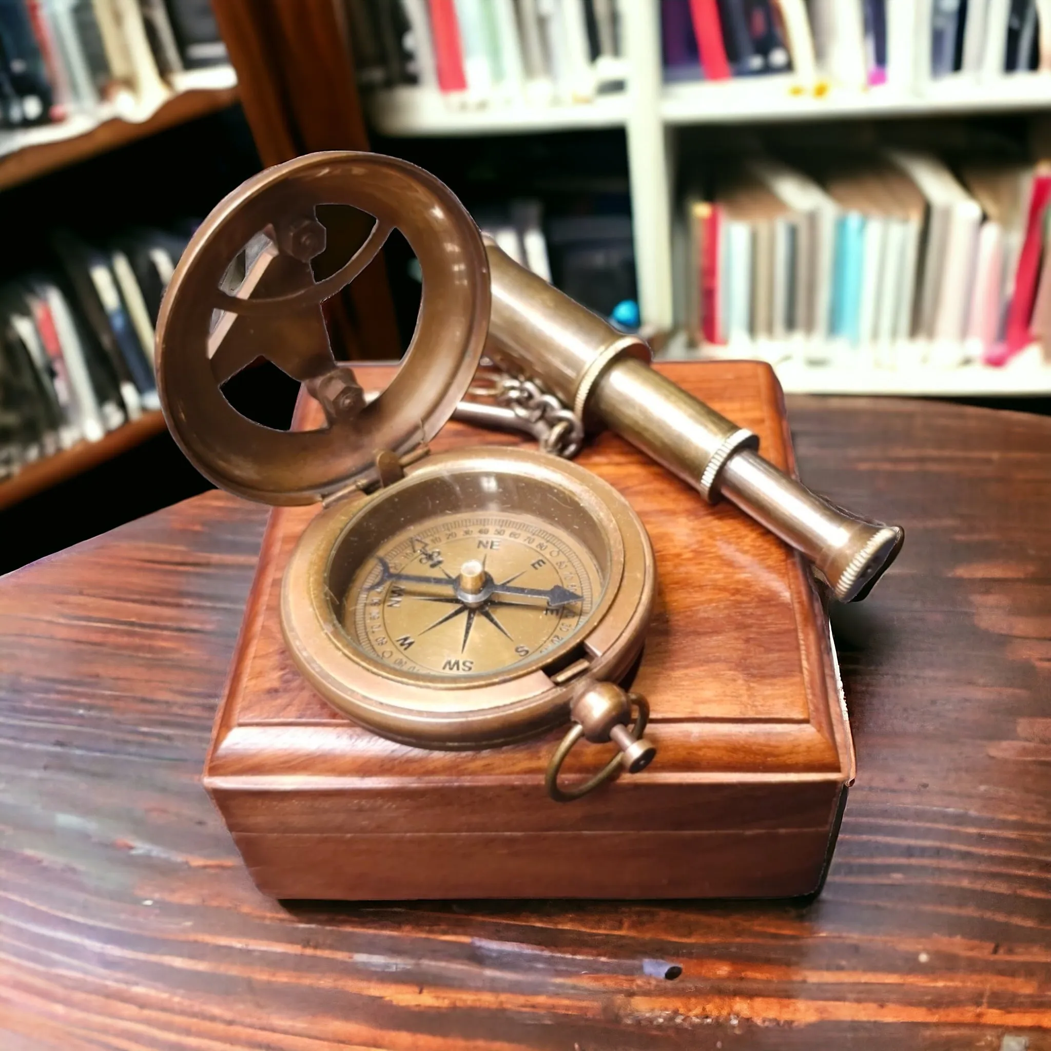 Mini Sundial Compass and Telescope Keyring Set in wooden box