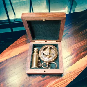 Mini Sundial Compass and Telescope Keyring Set in wooden box