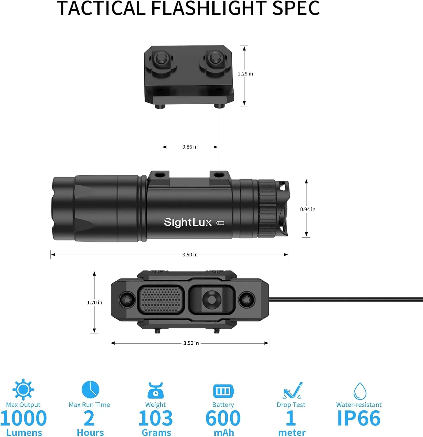Mlok Rail Flashlight for Rifle - 1000 Lumens LED Tactical Weapon Light with Remote Pressure Switch, USB C Rechargeable Gun AR Flashlight with Charger for Hunting Shooting, Alumium