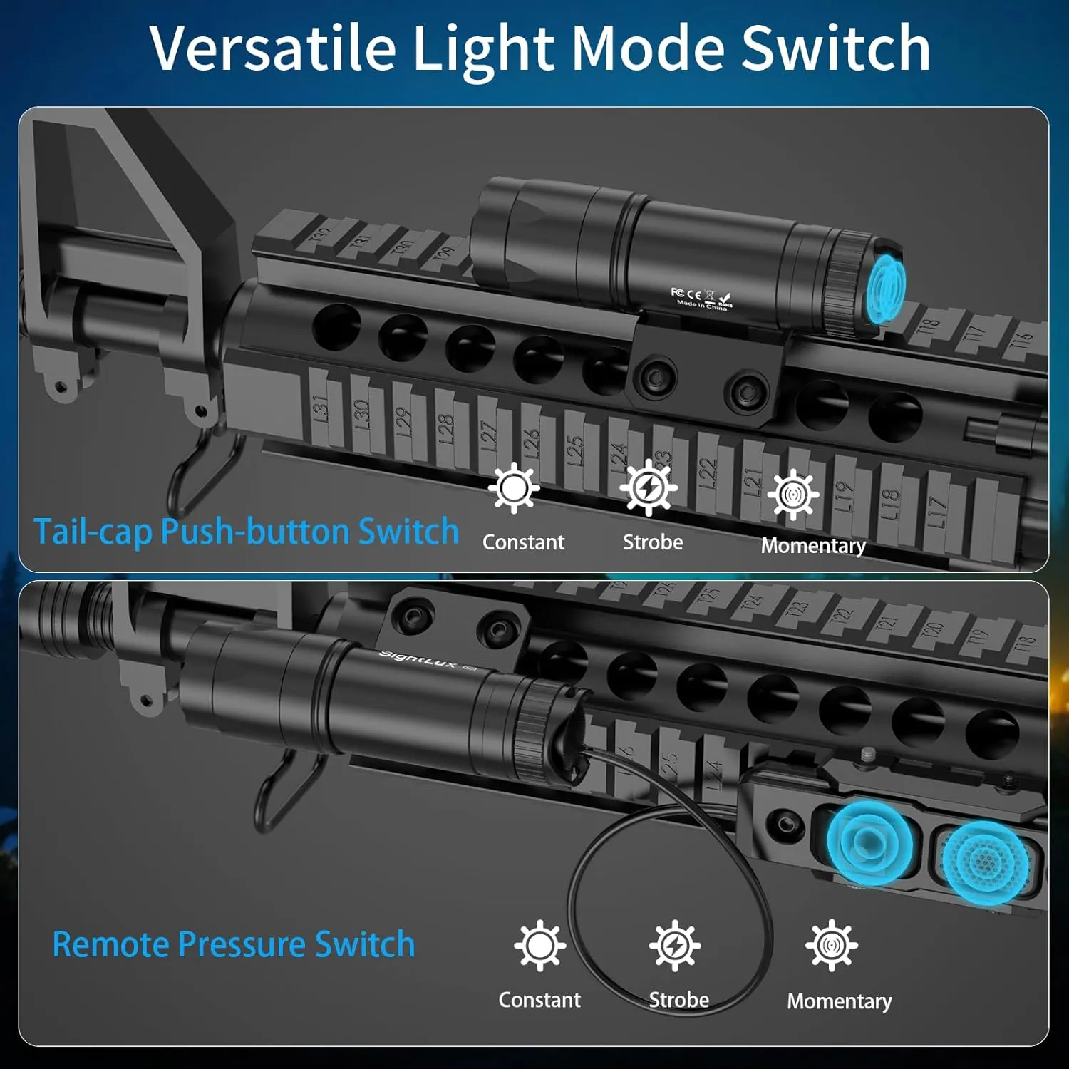 Mlok Rail Flashlight for Rifle - 1000 Lumens LED Tactical Weapon Light with Remote Pressure Switch, USB C Rechargeable Gun AR Flashlight with Charger for Hunting Shooting, Alumium