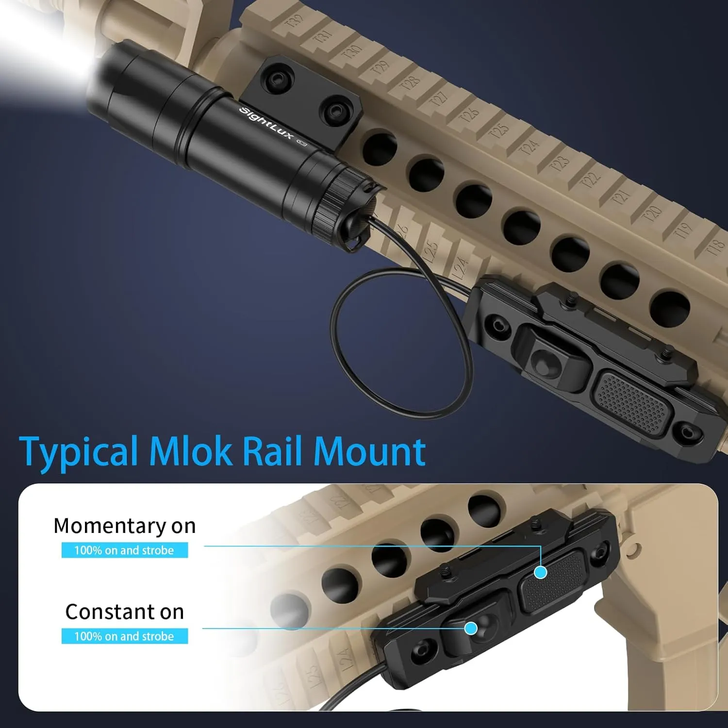 Mlok Rail Flashlight for Rifle - 1000 Lumens LED Tactical Weapon Light with Remote Pressure Switch, USB C Rechargeable Gun AR Flashlight with Charger for Hunting Shooting, Alumium