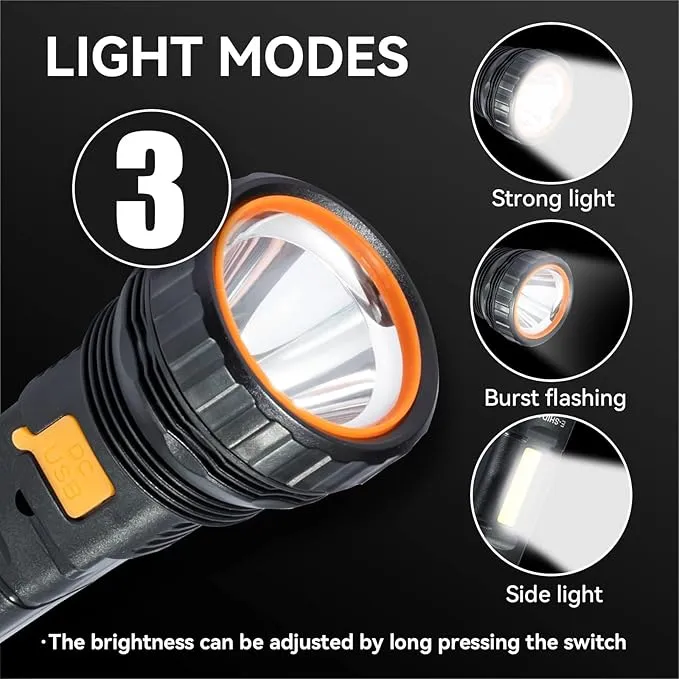 Multifunctional LED Flashlight, Mobile Power Supply for Phone Charging, Long Press to Control Brightness, 1200 lumens, 3 Modes and COB Side Lights, Portable Waterproof Lighting