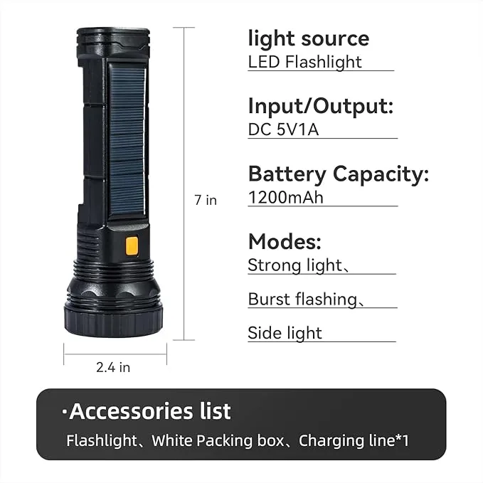 Multifunctional LED Flashlight, Mobile Power Supply for Phone Charging, Long Press to Control Brightness, 1200 lumens, 3 Modes and COB Side Lights, Portable Waterproof Lighting