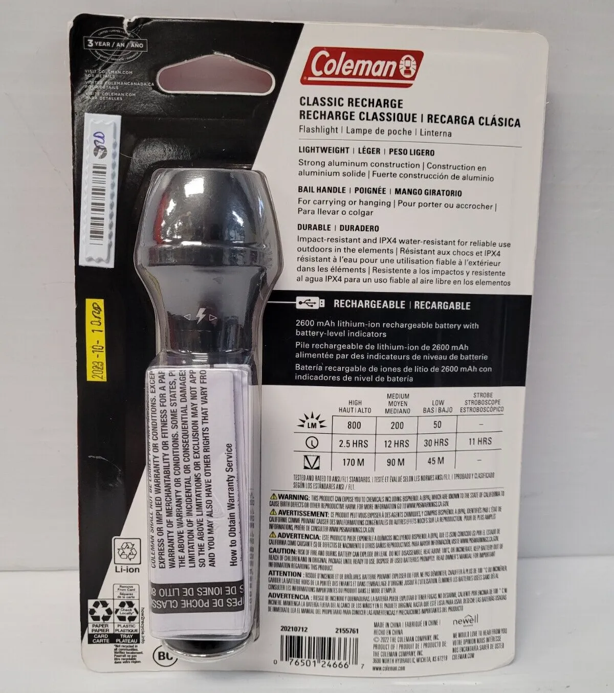 (N78931-1) Coleman 2155761 Classic Rechargeable Flashlight