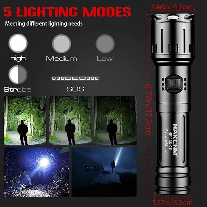 NAKCNM LED Rechargeable Flashlights High Lumens, Super Bright Flashlight 200000 Lumen with 5 Modes and Charger, Waterproof Flashlights Led Rechargeable for Camping Outdoor Hunting