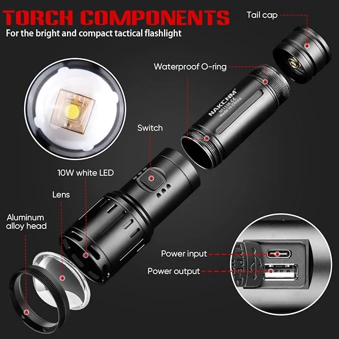 NAKCNM LED Rechargeable Flashlights High Lumens, Super Bright Flashlight 200000 Lumen with 5 Modes and Charger, Waterproof Flashlights Led Rechargeable for Camping Outdoor Hunting