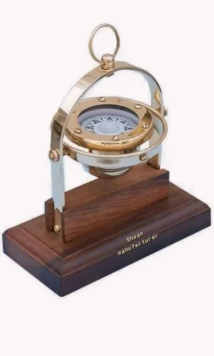 Nautical Brass Gimbals Directional Compass with Wooden Base Stand & Rotating Axis, Brass/brown/white