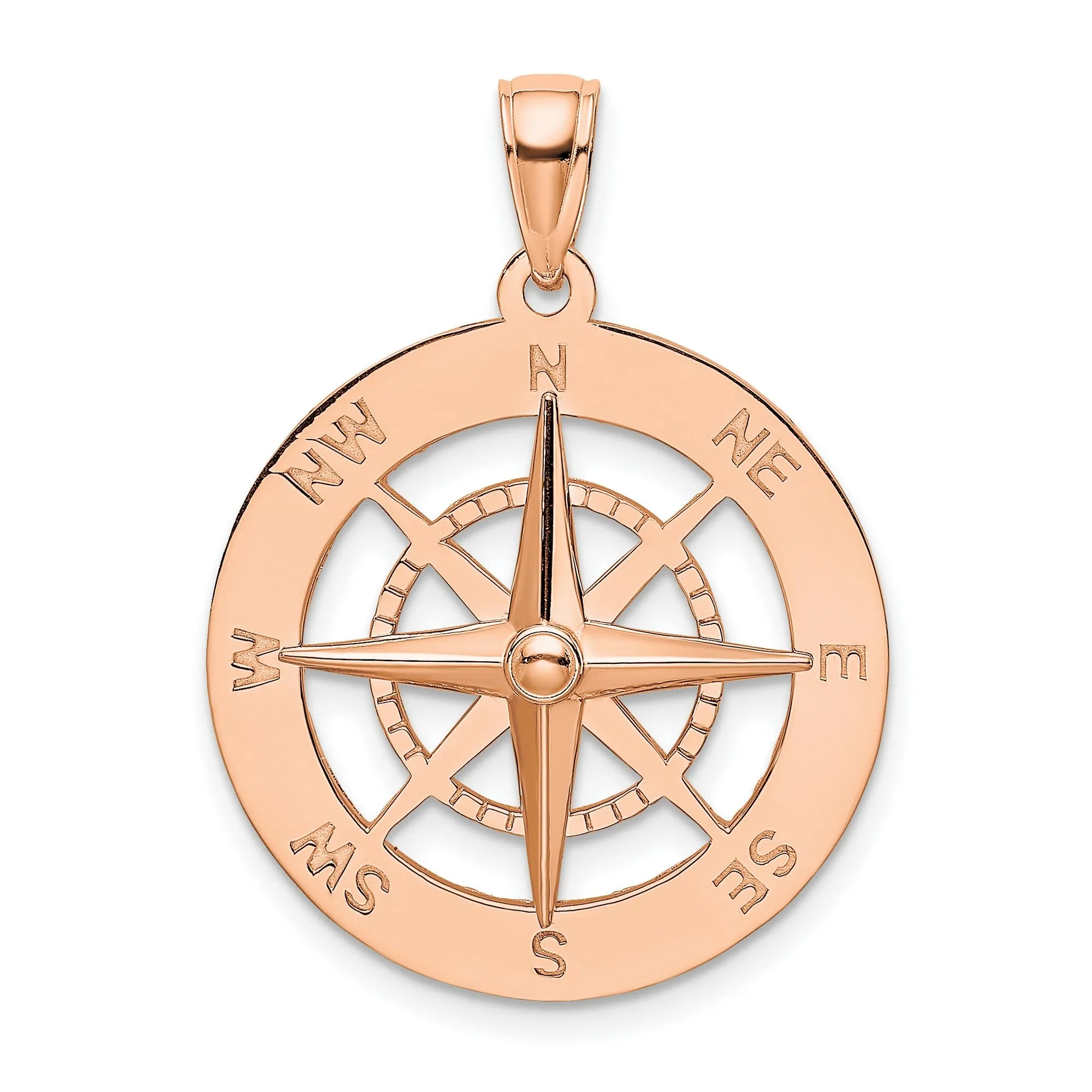 Nautical Compass Charm Pendant in Real 14k Rose Gold