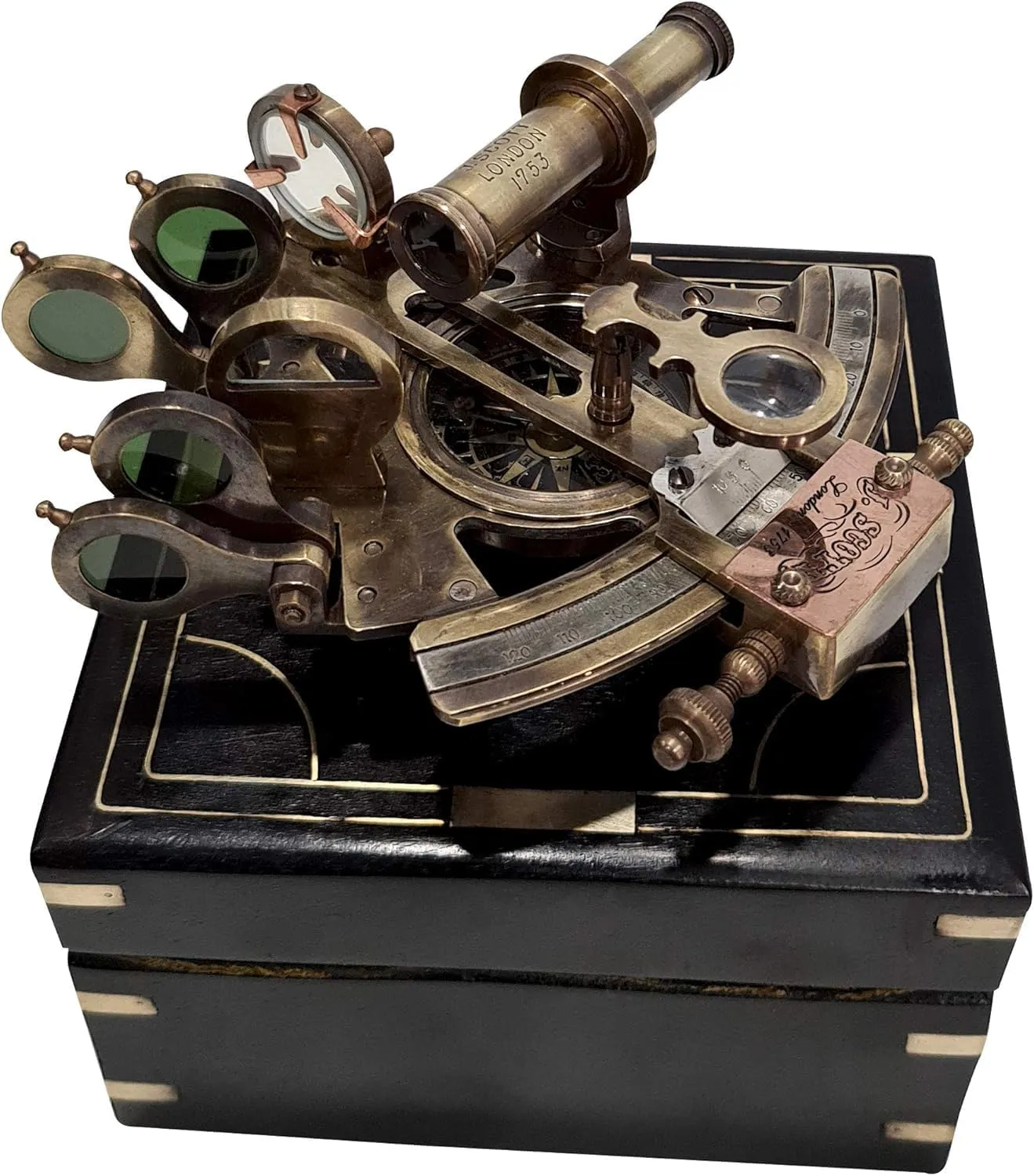Nautical J. Scott London 1753 Brass Sextant Antique Maritime Navigation Tool with Wooden Box, Collectible & Functional