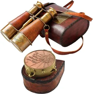 Nautical Victorian Marine Binocular Leather Case Brass Copper Quote Compass Stylish Handmade Orange Brass Pocket Compass Portable Leather Cover