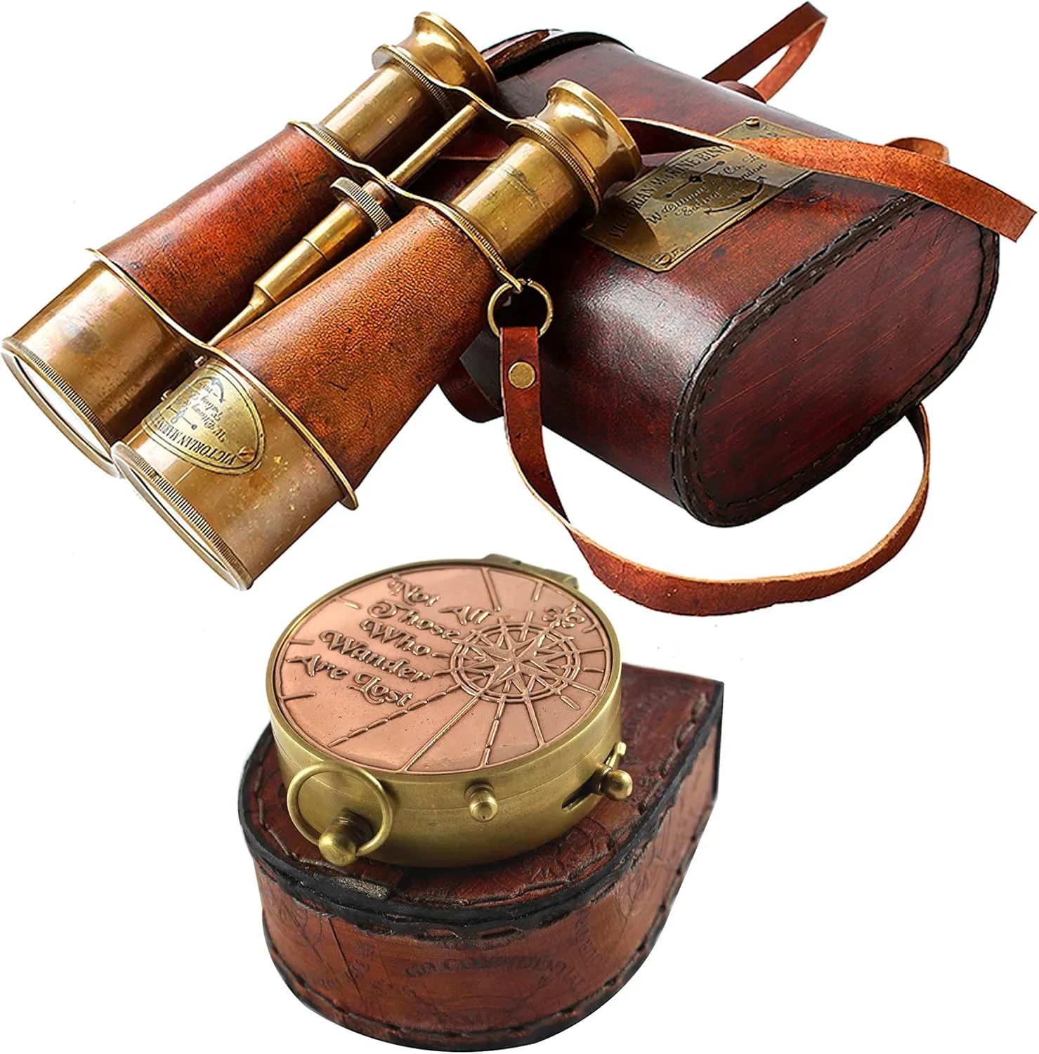 Nautical Victorian Marine Binocular Leather Case Brass Copper Quote Compass Stylish Handmade Orange Brass Pocket Compass Portable Leather Cover