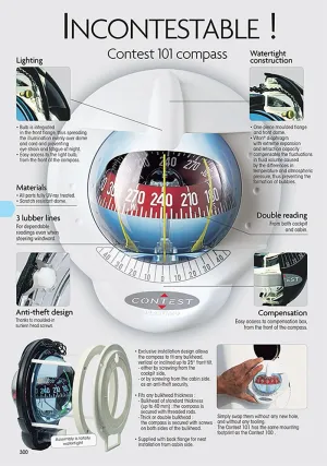 Nautos 40030-CONTEST 101 Compass- Mount Inclined 10 to 25 Degrees- Black Bezel Black Card - PLASTIMO 64422