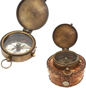 Navigational Compass – Marine Brass with Orange Leather Classic Case, Magnetic Nautical Instrument, Vintage Ornament