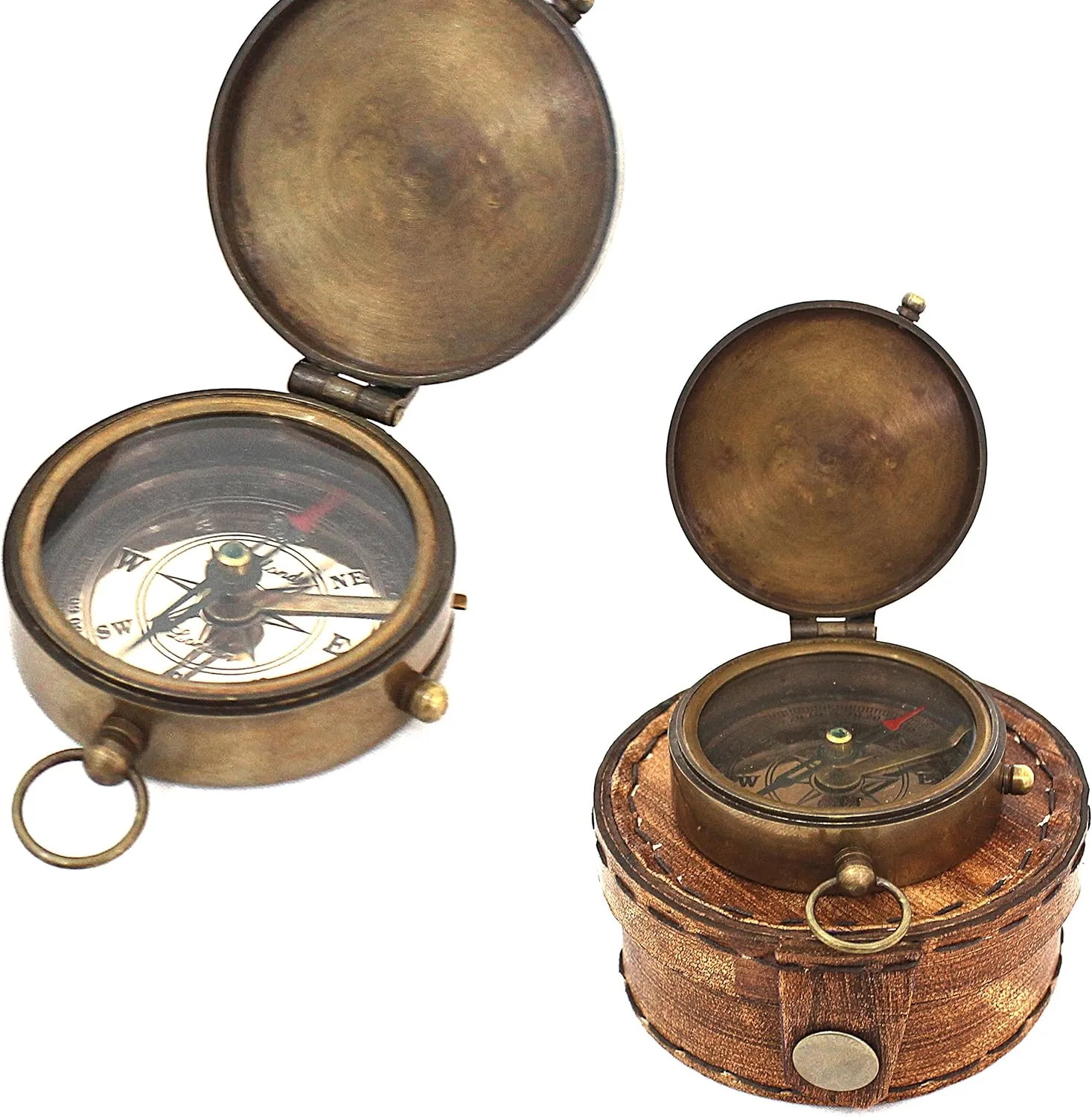 Navigational Compass – Marine Brass with Orange Leather Classic Case, Magnetic Nautical Instrument, Vintage Ornament