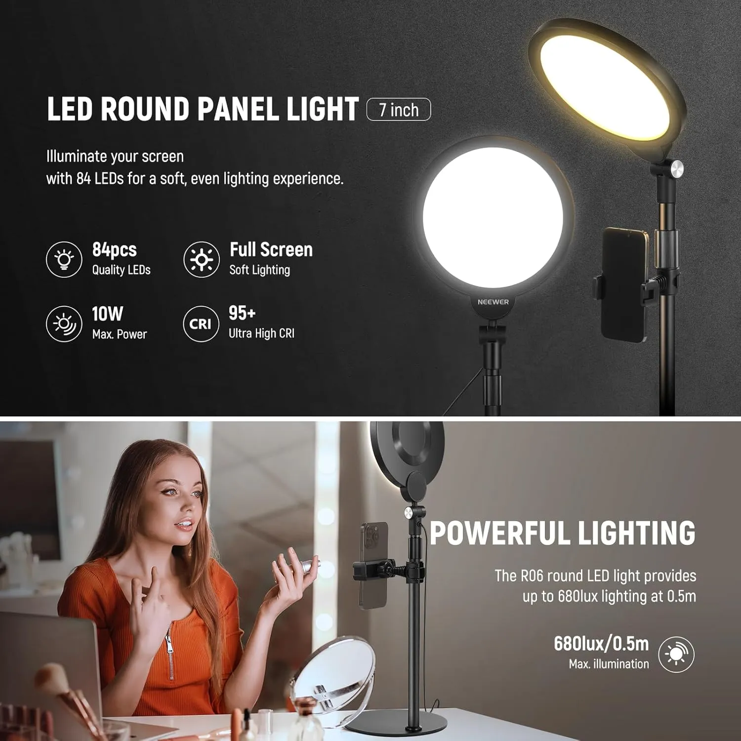 NEEWER BASICS 7" Desk Ring Light for Video Recording, 10W Dimmable Full Screen Key Lighting with Stand&Phone Holder for iPhone Computer Laptop Vlog Live Streaming Video Conference, R06