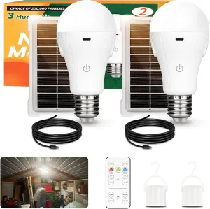 Neporal MagicGlow Rechargeable Solar Light Bulbs with Remote, USB Solar Rechargeable Bulbs,3 Colors Shift   Dimmable Battery Light Bulb, A19 Emergency LED Light Bulbs, 15W, Up to 24 Hours, 2 Pack