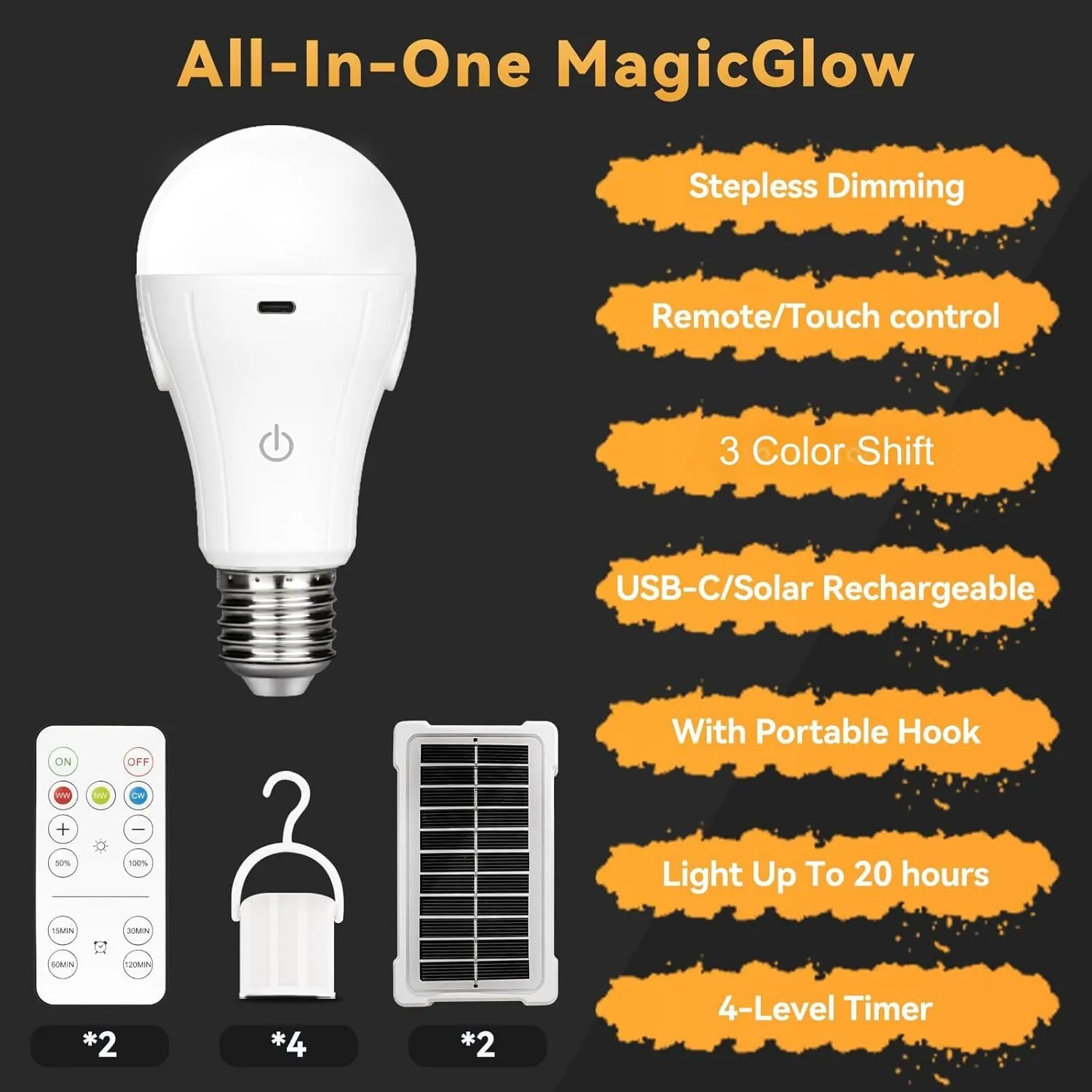 Neporal MagicGlow Rechargeable Solar Light Bulbs with Remote, USB Solar Rechargeable Bulbs,3 Colors Shift   Dimmable Battery Light Bulb, A19 Emergency LED Light Bulbs, 15W, Up to 24 Hours, 2 Pack