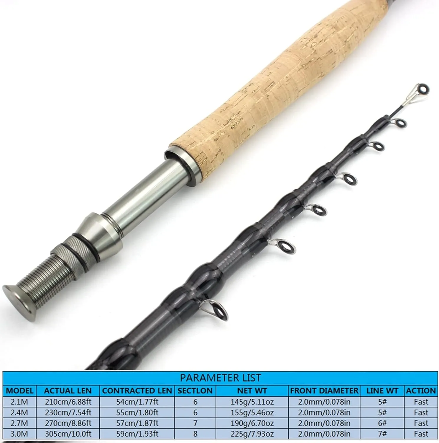 New 2.1M 2.4M 2.7M 3.0M Telescopic Fly Fishing Rod Portable Carbon Fiber Ultra Light Fast Action Fly Fishing Rod Cork Handle Fishing Tackle Trout Rod Mid Adjustment Fly Fishing Rod ZYHYD