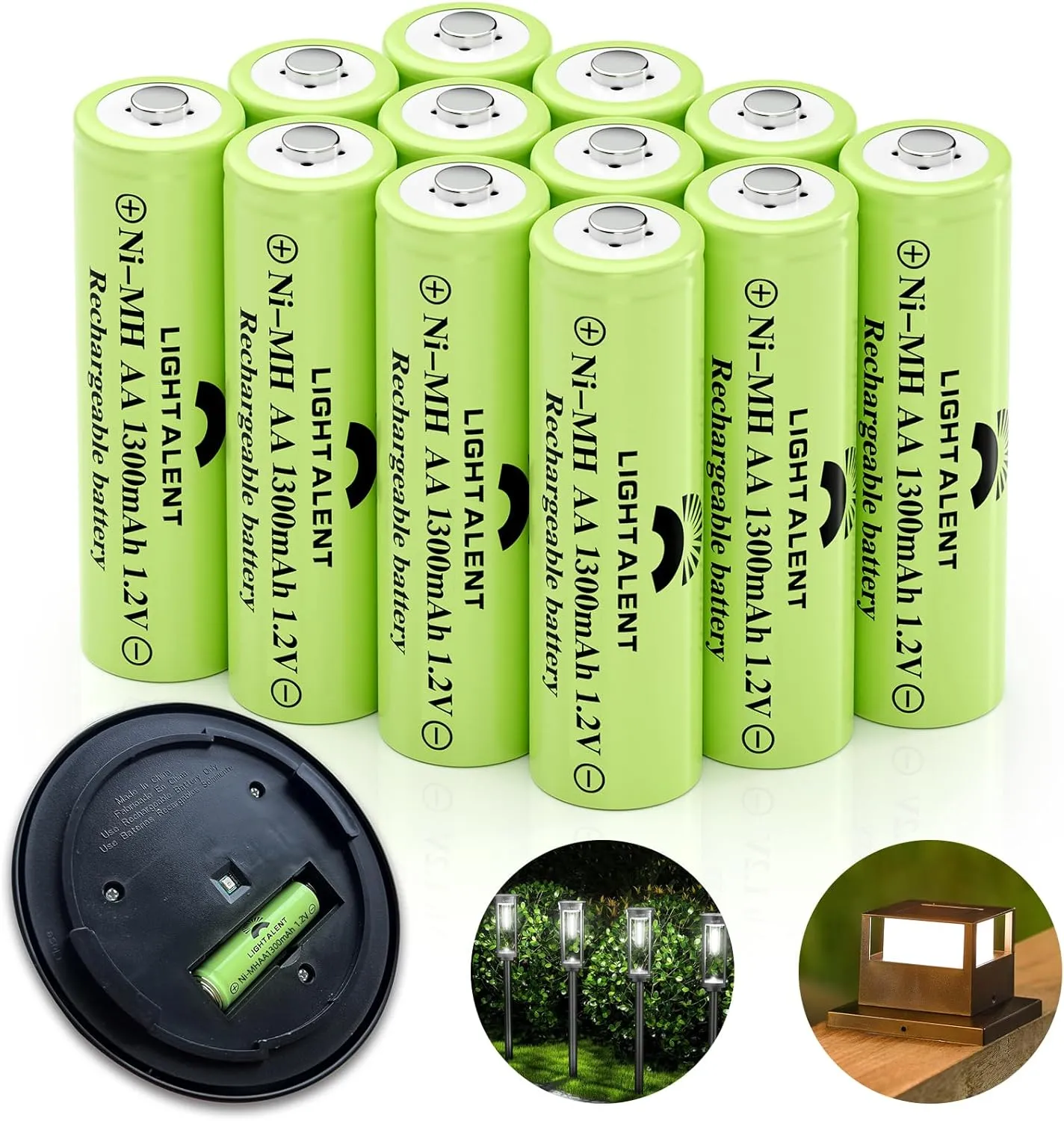 Ni-MH AA Rechargeable Batteries, Double A High Capacity 1.2V Pre-Charged for Garden Landscaping Outdoor Solar Lights, String Lights, Pathway Lights (AA-1300mAh-12pack)
