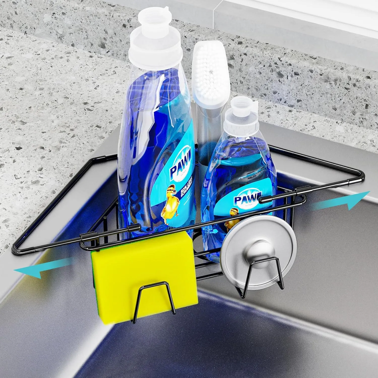 NiHome Extendable Arm Stainless Steel Kitchen Sink Corner Caddy, Easy Install Space-Saving Adjustable Sponge Holder, Non-Slip Rust-Resistant for Brushes, Soap, Sponges (Black)
