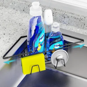 NiHome Extendable Arm Stainless Steel Kitchen Sink Corner Caddy, Easy Install Space-Saving Adjustable Sponge Holder, Non-Slip Rust-Resistant for Brushes, Soap, Sponges (Black)