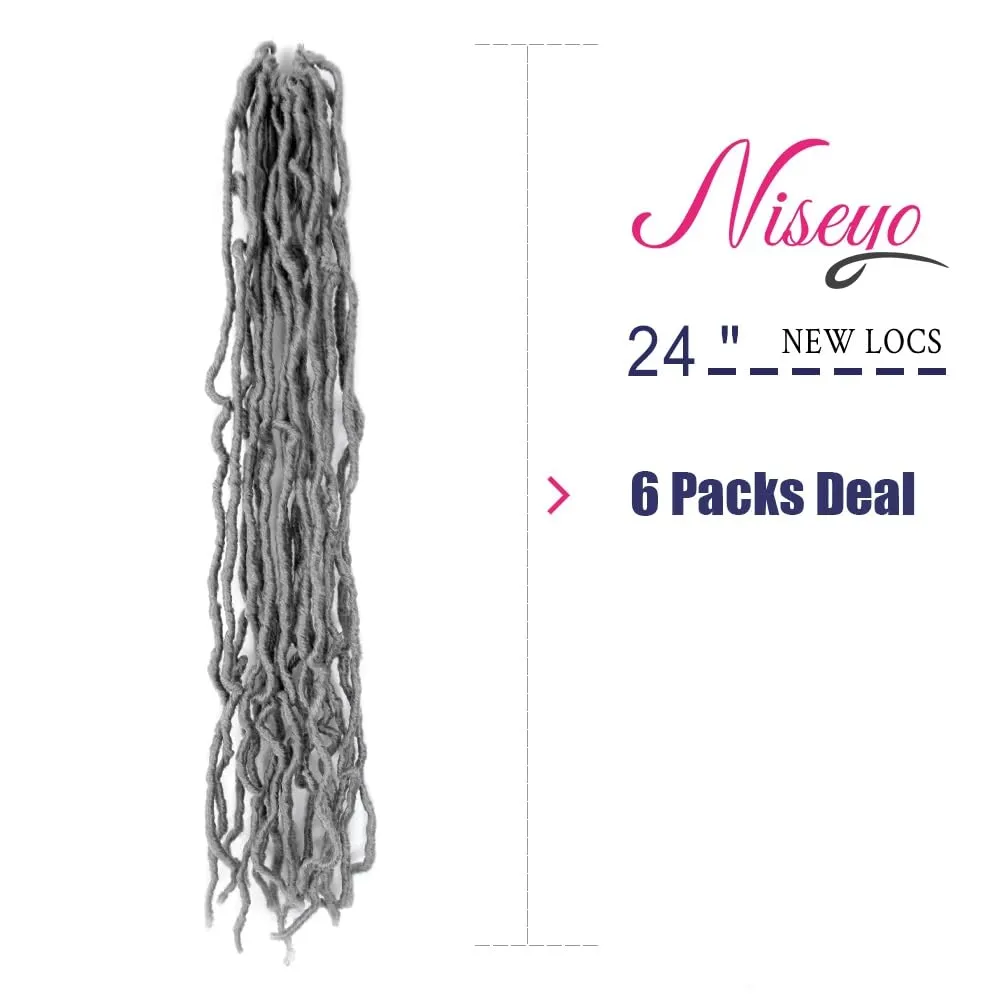 Niseyo Faux Locs Crochet Hair 24 Inch Soft Locs, 6 Packs Long Grey Crochet Locs Pre Looped Crotchet Straight Synthetic Hair Extensions (Gray)