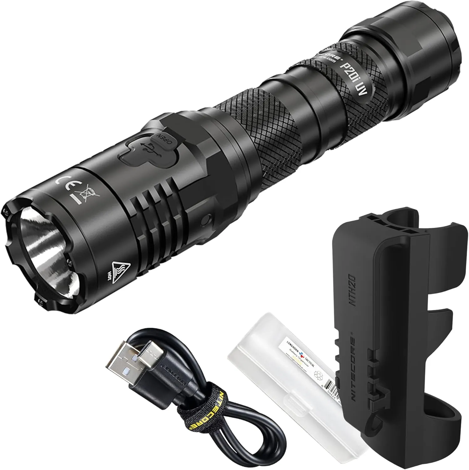 Nitecore P20i UV 1800 Lumen USB-C Rechargeable Tactical Flashlight with UV Ultraviolet Black Light and LumenTac Organizer