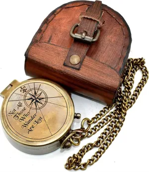 Not All Those Who Wander are Lost” Engraved Brass Compass with Premium Leather Case & Chain - Brass Pocket Compass - Personalized Compass Gift for Hiking, Husband, Him, Son, Graduation Day (VIII)
