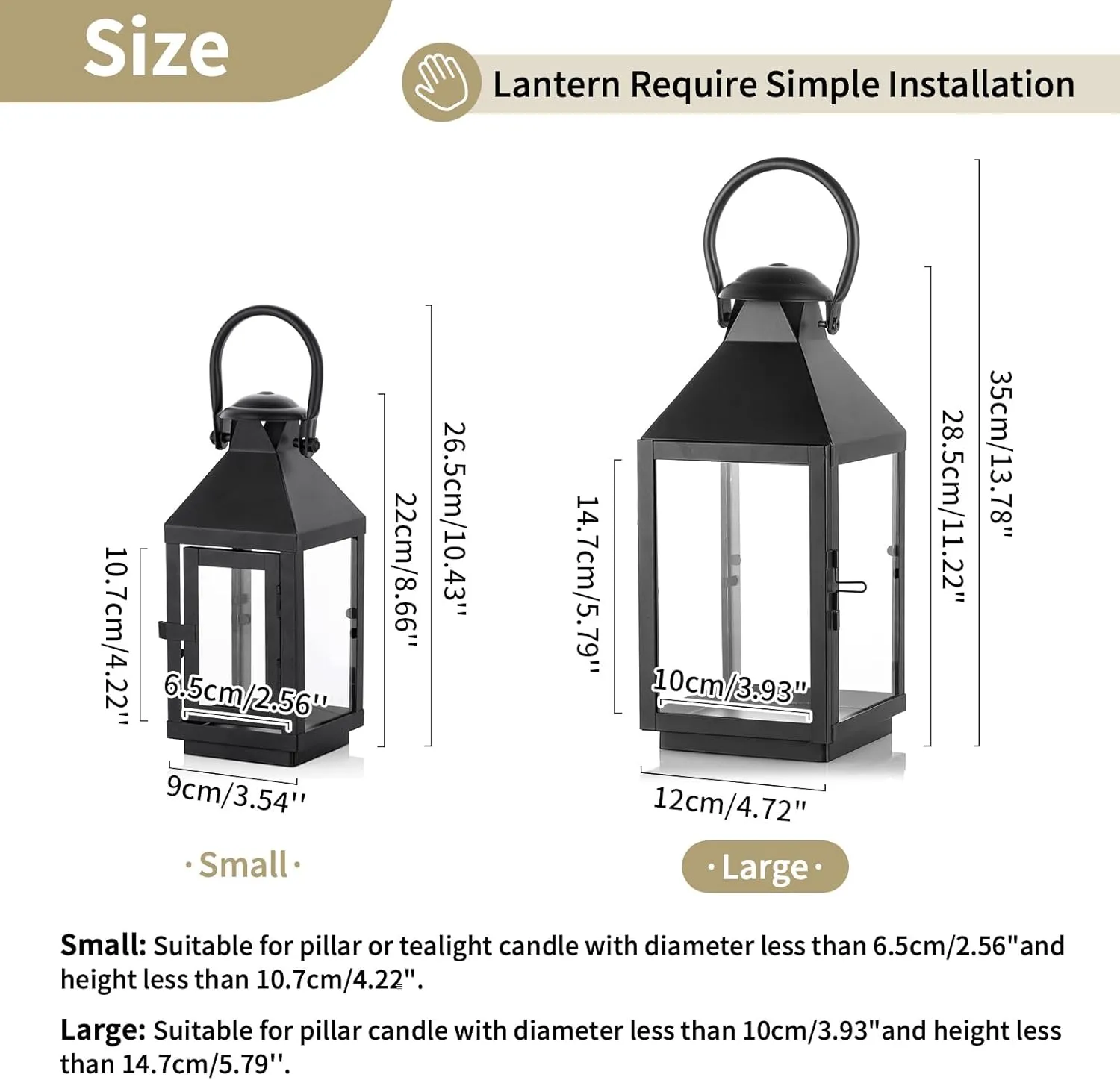 NUPTIO Black Decorative Candle Lantern: Metal Pillar Candle Holders for Table Centerpiece - 10.2in Tall Hanging Lanterns for Outdoor Wedding Party Home Living Room Fireplace Decor