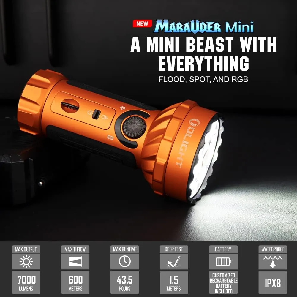 OLIGHT Marauder Mini 7,000 Lumens Bright Flashlight with 600 Meters Beam Distance, Powerful RGB Lights, Magnetic Rechargeable for Outdoors Work, Hunting, and Searching (Orange)