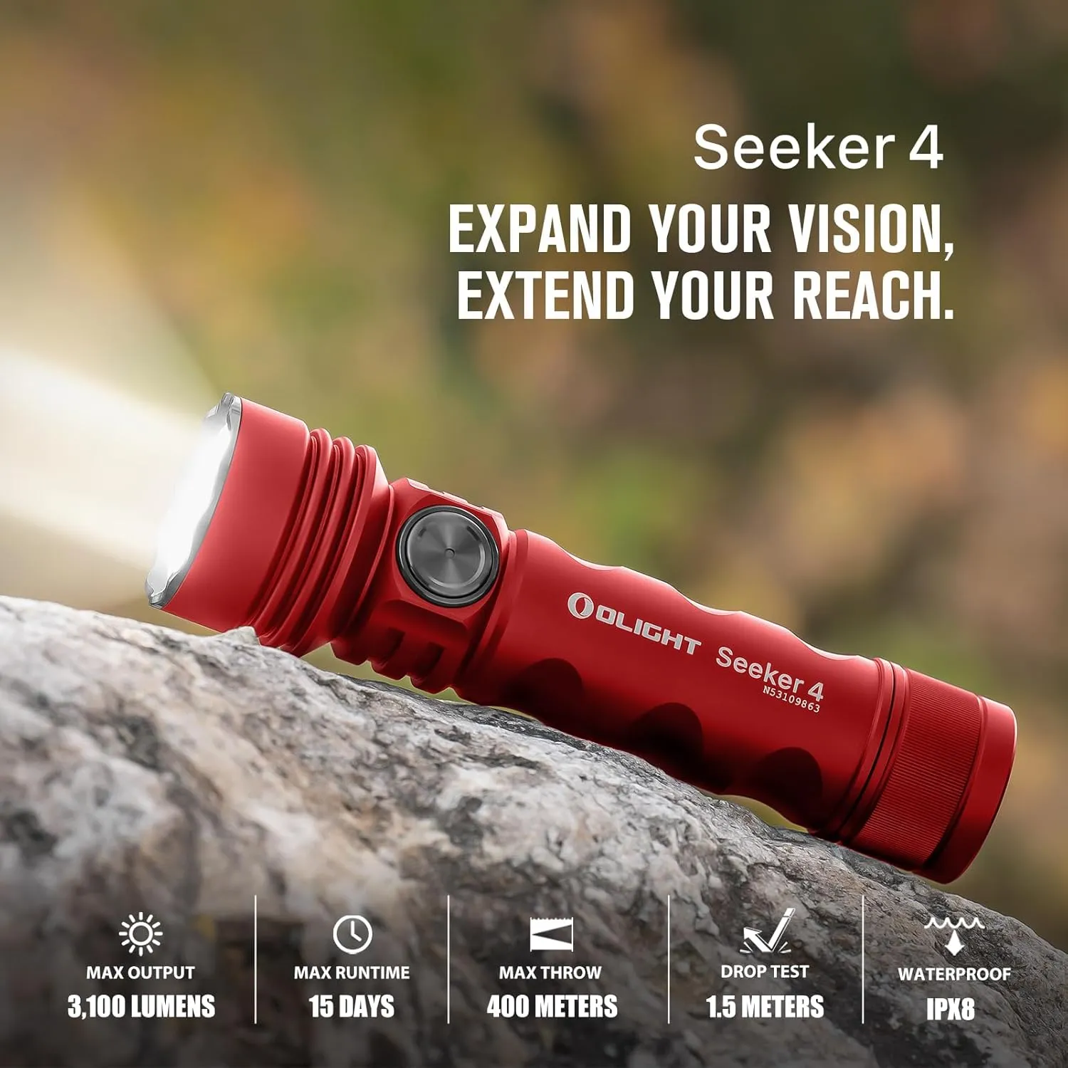 OLIGHT Seeker 4 Rechargeable Bright Flashlights, 3100 Lumens High Powerful Flashlight with USB-C Charging, 400 Meters Long Rage LED for Emergency, Camping, and Law Enforcement (Red)