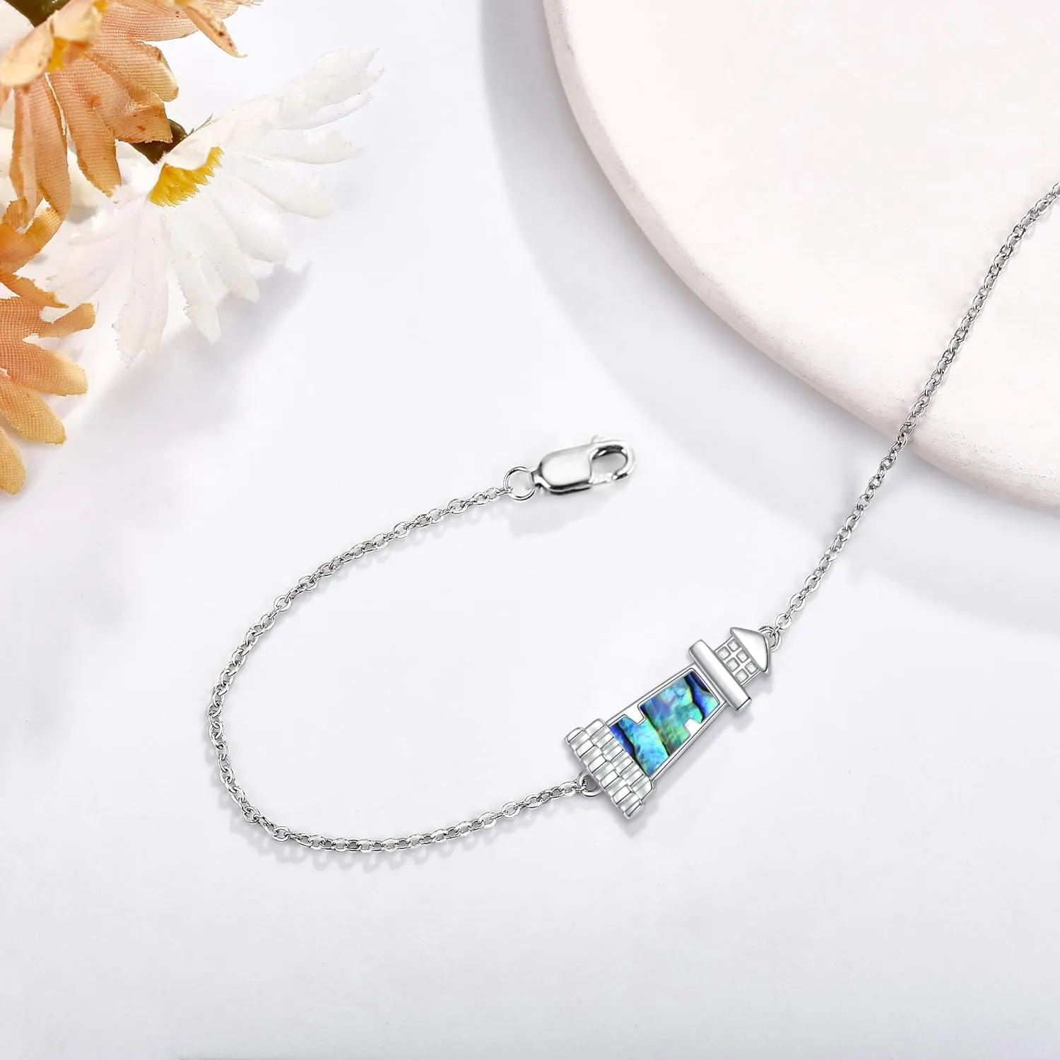 ONEFINITY Lighthouse/Compass Bracelet For Women Sterling Silver Lighthouse/Compass Pendant Bracelet Abalone Shell Birthday Jewelry Gift For Lover