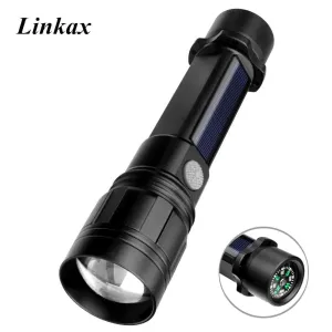 Outdoor Waterproof Flashlight Solar/USB Charging With Compass Solar Flashlight Lamp Torch Built in Battery Emergency Lighting