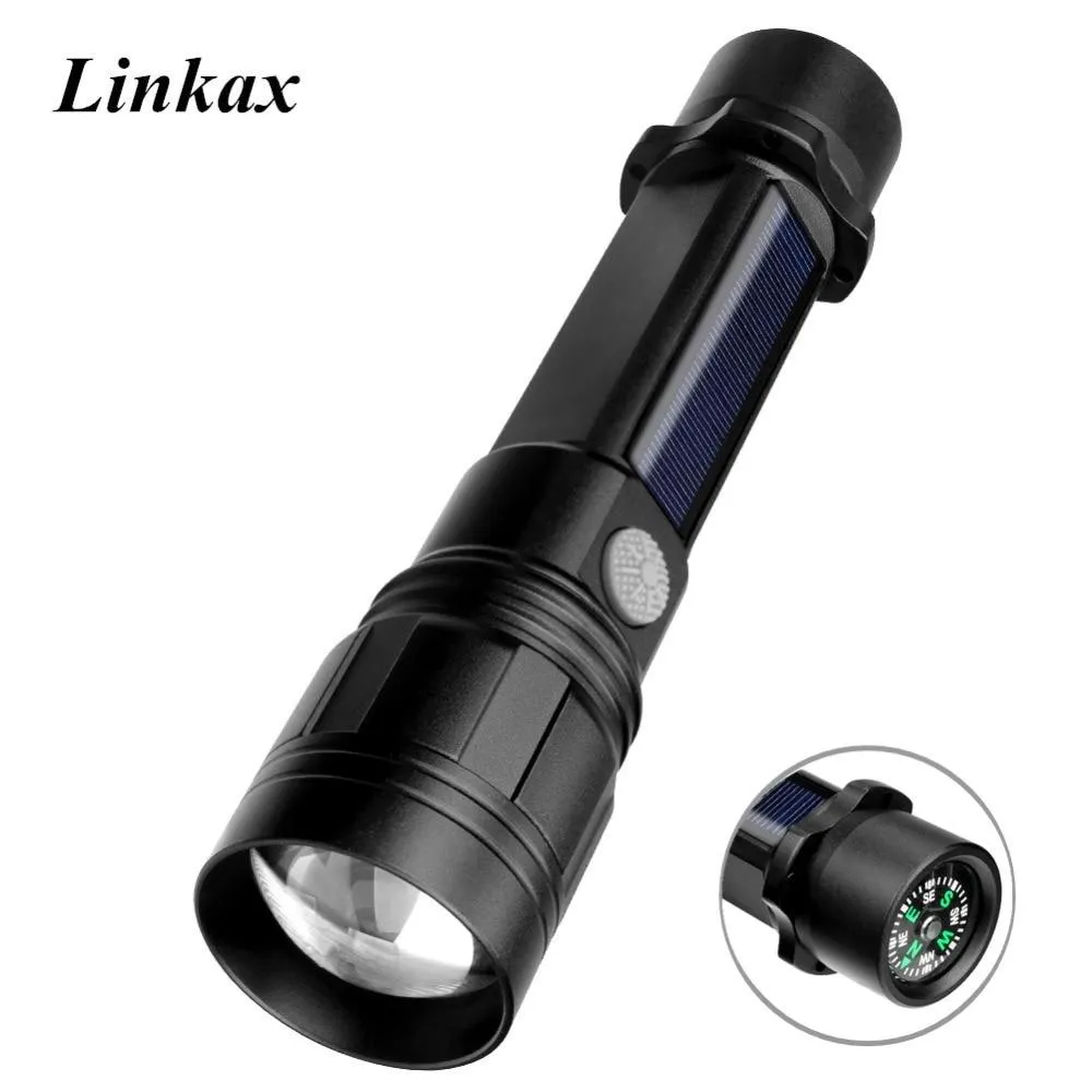 Outdoor Waterproof Flashlight Solar/USB Charging With Compass Solar Flashlight Lamp Torch Built in Battery Emergency Lighting