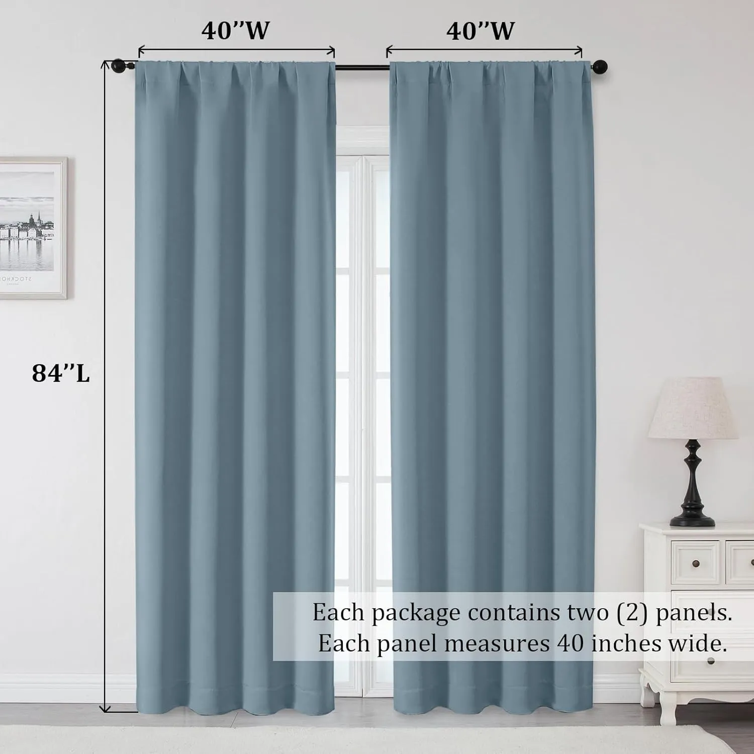 OWENIE Sally Stone Blue Blackout Curtains 84 Inches Long 2 Panels Set for Bedroom Living Room, Solid Thermal Insulated Privacy Room Darkening Window Treatment Drapes, 2 Pcs Each W40 x L84, Stone Blue